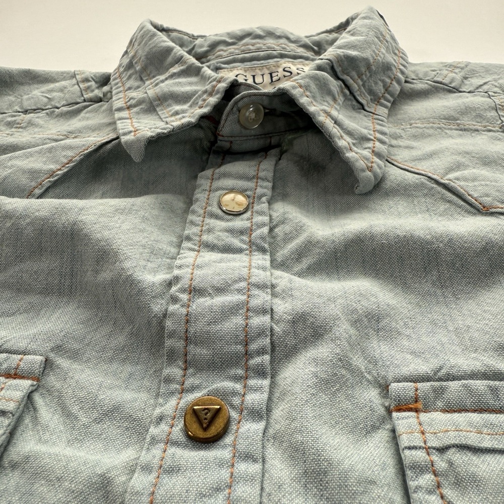 GUESS Denim Western Pearl‎ Snap Button Up Long Sleeve Shirt Mens Large Blue - Picture 5 of 15